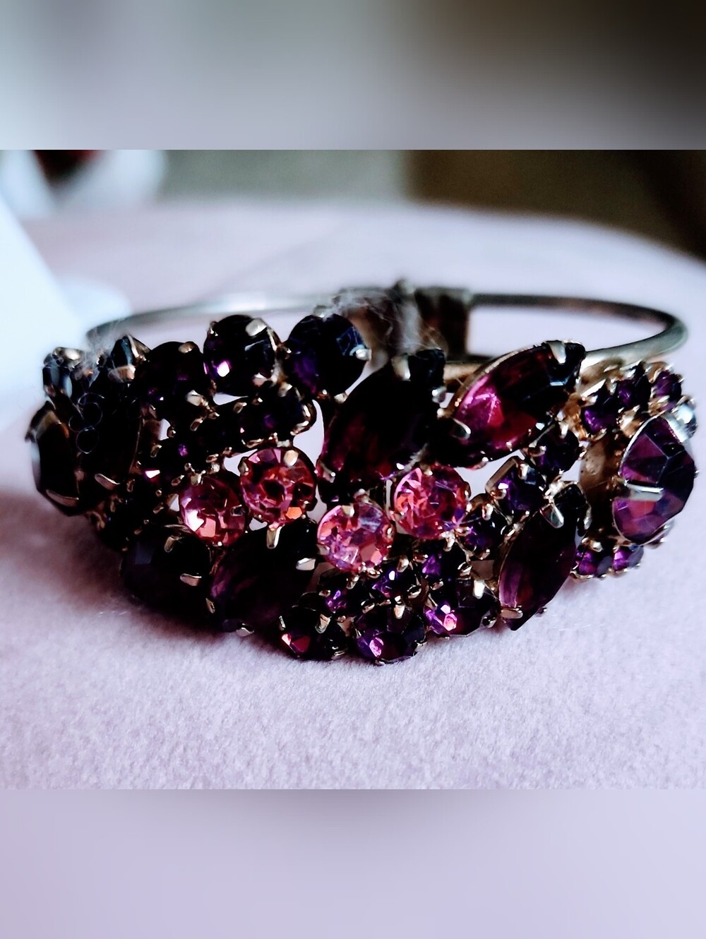 Vintage Gold-Tone Purple & Pink Crystal Cluster Clamp Bracelet.